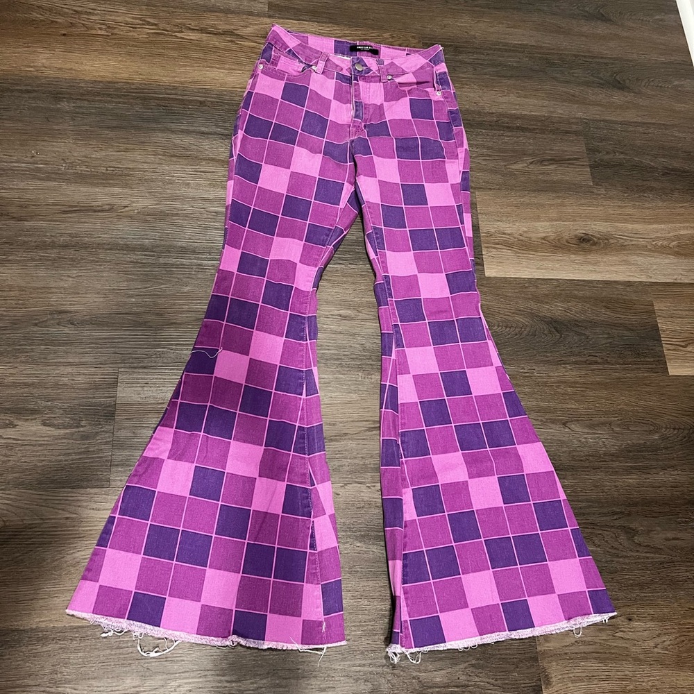 Purple Checkered Extreme Flare Pants - Picture 1 of 4